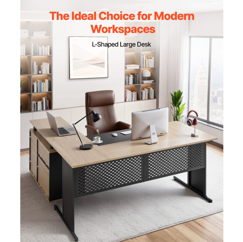 Modern Reversible L-Shaped Executive Desk with Drawers Storage Cabinet Heavy Duty Large Wooden Office Computer Desk