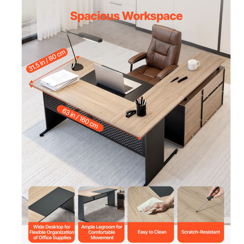 Modern Reversible L-Shaped Executive Desk with Drawers Storage Cabinet Heavy Duty Large Wooden Office Computer Desk