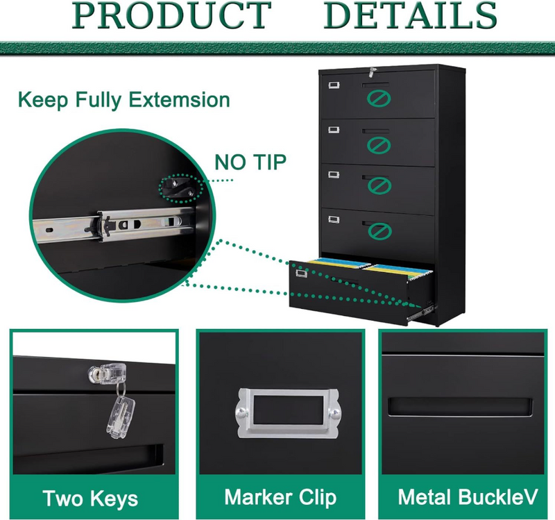 Steel Office 5 Drawer File Cabinet Metal Lateral Filing Cabinets for Home Office Hanging Files Letter Legal