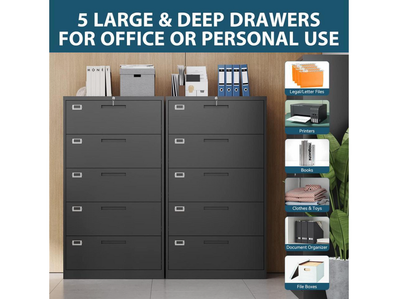 Steel Office 5 Drawer File Cabinet Metal Lateral Filing Cabinets for Home Office Hanging Files Letter Legal